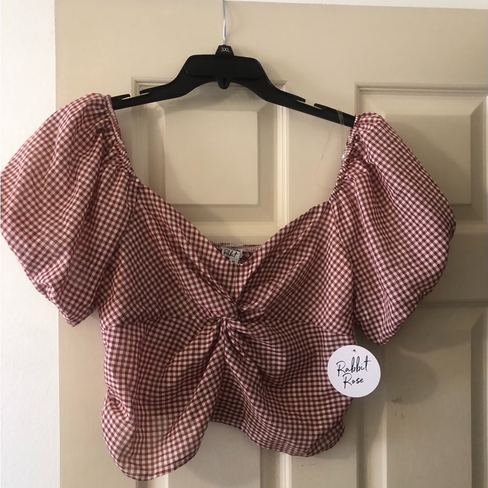 Red Gingham Puff-Sleeve Crop Top